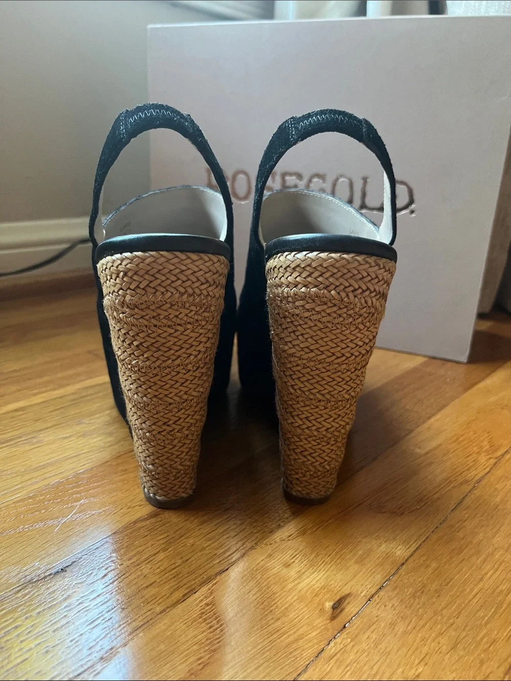 Rosegold Shoes Black and Tan Wedge Sandals with Braided Platform